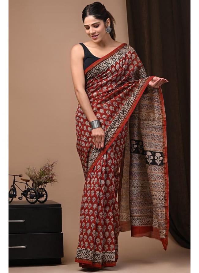 Chanderi Silk Red Traditional Wear Printed Saree